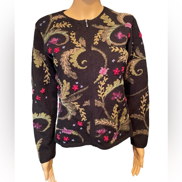 Talbots Earthy Boho Hippie Whimsygoth Embroidered Floral Leafy Sweater Jacket - Picture 1 of 8